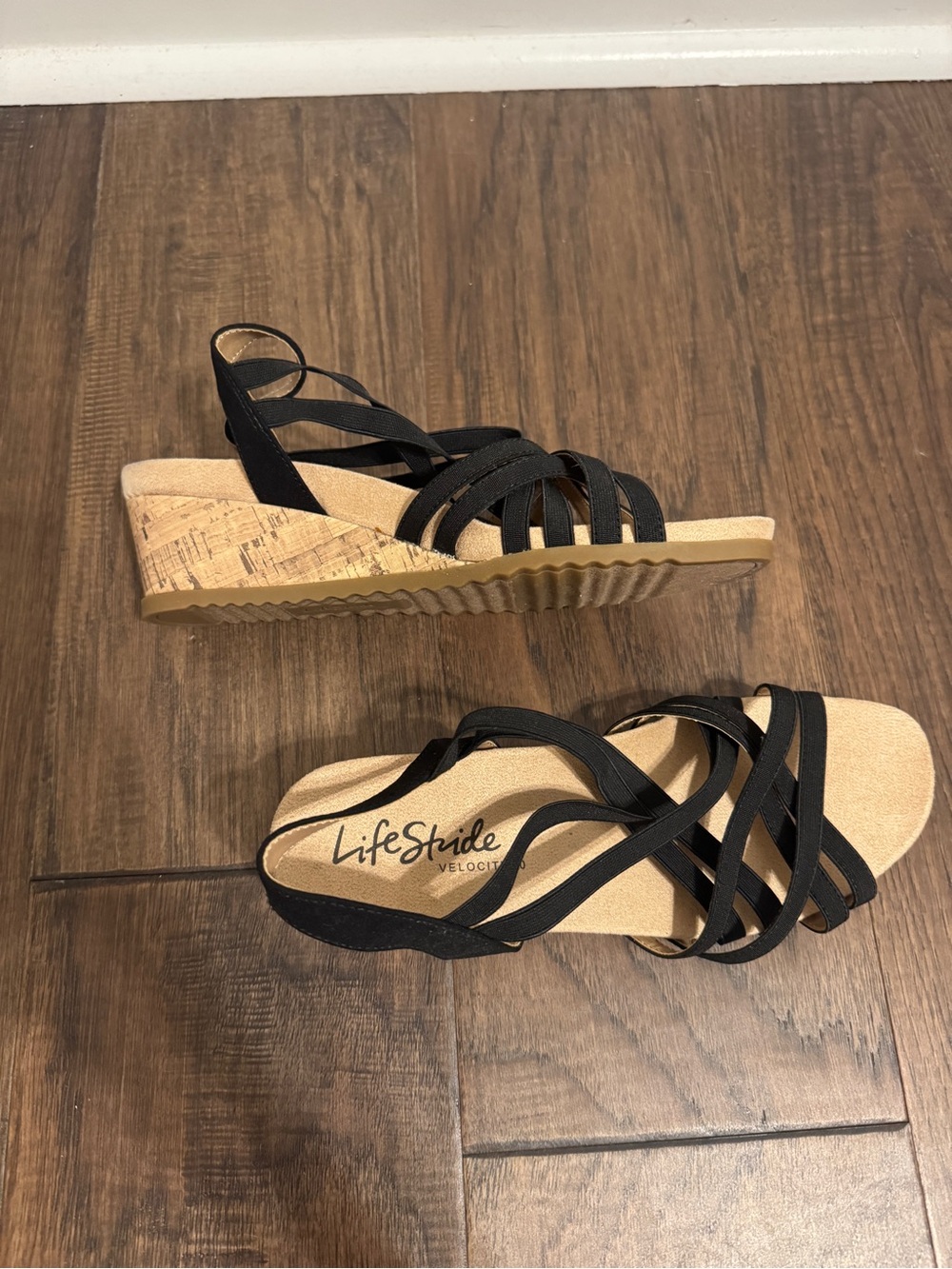 Life Stride Black Strappy Cork Wedge Sandals